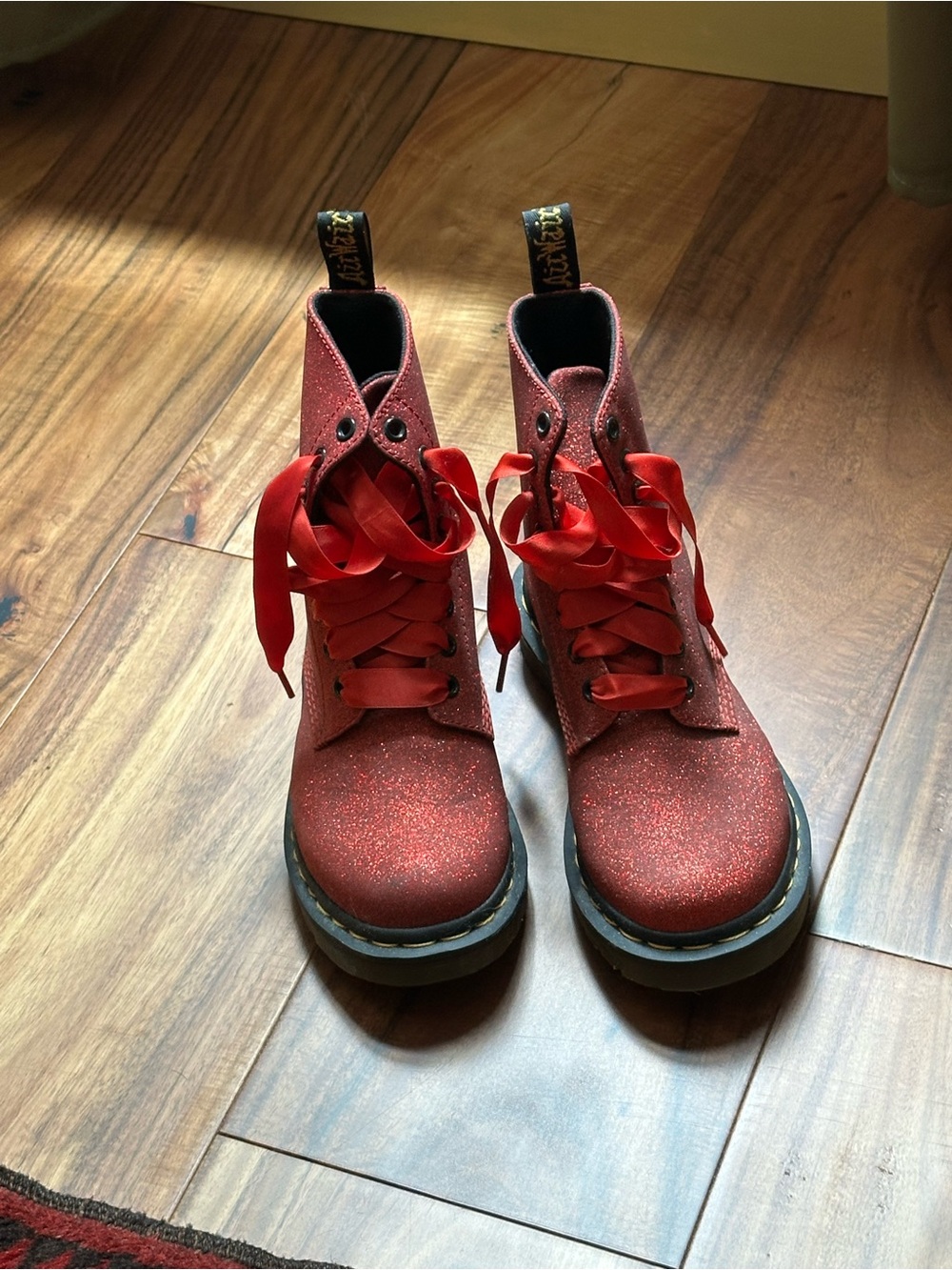 Dr. Martens Red Glitter Boots with Satin Ribbon